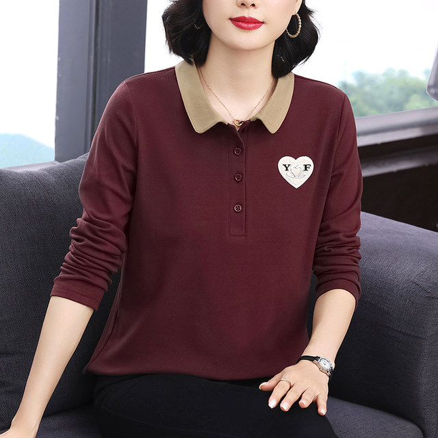 Middle-aged and elderly mothers' German velvet bottoming shirt for women in autumn and winter with lapel long-sleeved T-shirt polo shirt thickened warm top
