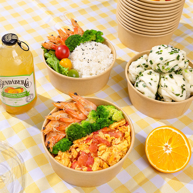 Yunlei disposable lunch box kraft paper round bowl with lid 750ml*12 set of fruit salad bento picnic packaging box
