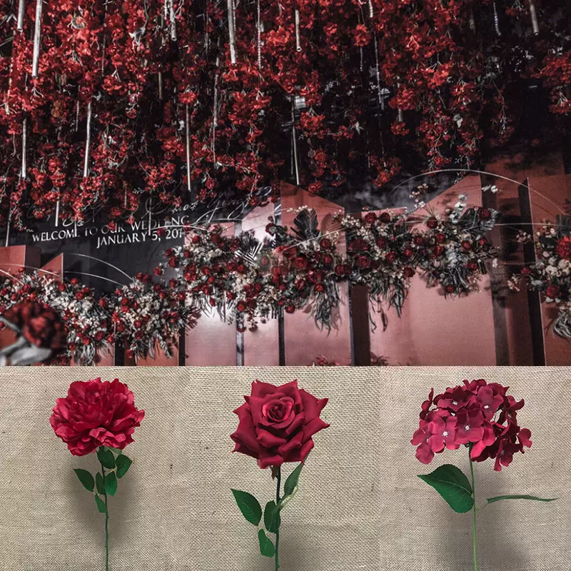 暗紅色婚慶仿真花繡球玫瑰牡丹櫻花文心蘭酒紅深紅高端