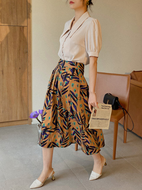 Jophond Lou retro printed pleated skirt 2021 new high-waisted A-line skirt spring and autumn slimming mid-length