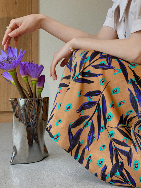 Jophond Lou retro printed pleated skirt 2021 new high-waisted A-line skirt spring and autumn slimming mid-length
