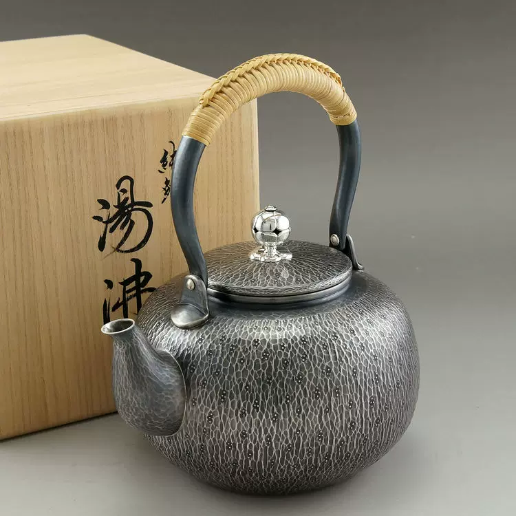 西洋古董银器日本松荣堂手工纯银花石目纹茶壶/银