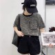 Short-sleeved single pocket knitted small fragrance style T-shirt for women 225L81651 spring and summer new design round neck loose top

