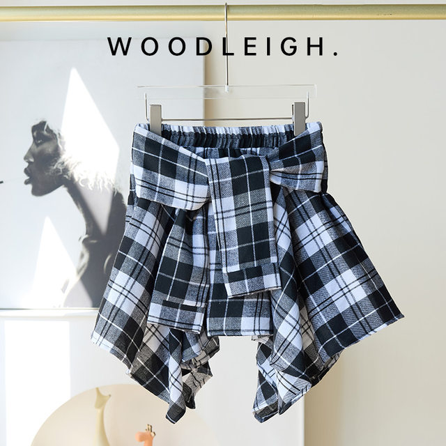 New summer original plaid irregular short skirt sports strap elastic A-line fake two-piece skirt