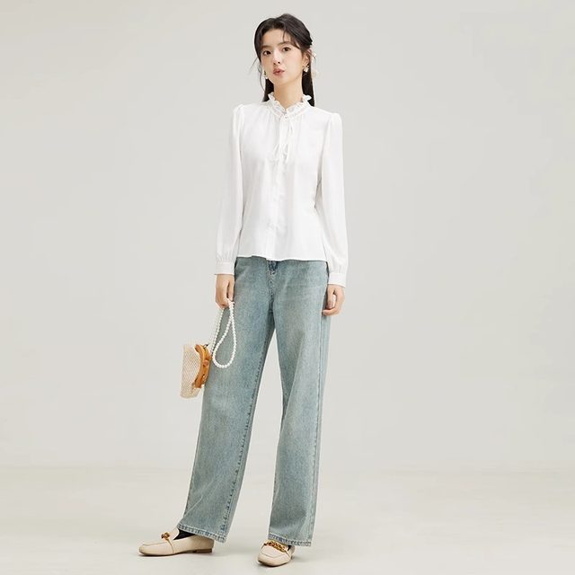 Gu Mu Xi Earline Border Polying Pure Color Template Temperature Shirts Female Autumn New Sweet Bubble Sleeve Top