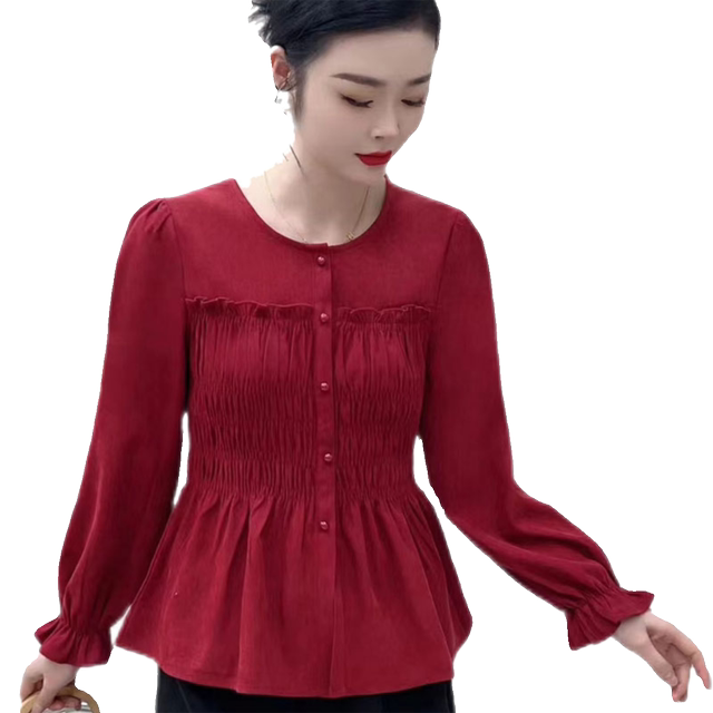 Spring round neck shirt versatile and fashionable slim fit and slim bottoming ruffle elastic elastic puff sleeve flared sleeve top