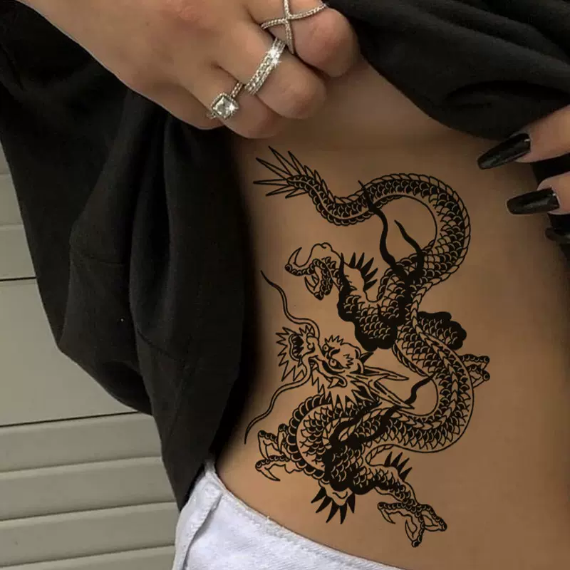 花臂少女tattoo D42 暗黑日系黑白火焰龙纹身贴