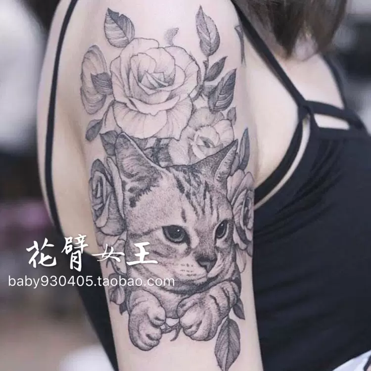 花臂少女tattoo D102 黑白花朵猫咪花臂性感大图纹身贴