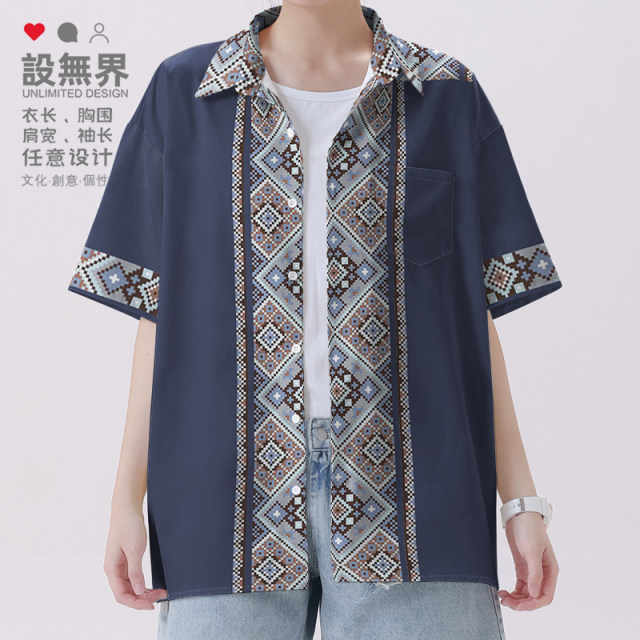 National style, national trend, Yi and Miao ethnic style totem traditional large-size short-sleeved shirt men's and women's clothing 0017 design without boundaries