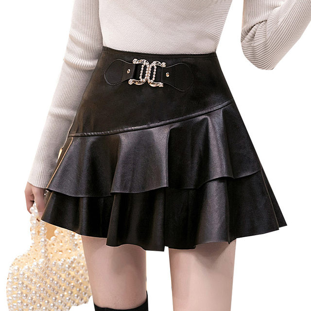 INS ultra -fire leather skirt ruffled high -waist skirt female autumn and winter pleated panton skirt anti -light A -line PU leather skirt