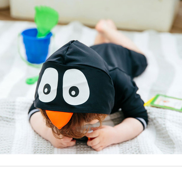 Children's baby boy one-piece quick-drying swimsuit long sleeve sun protection cute black penguin girl surfing casual swimming