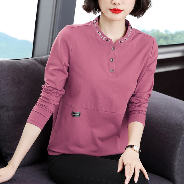 Pure cotton long-sleeved T-shirt 2025 spring suit new women's spring and autumn top middle-aged mother's shirt wearing loose base shirt