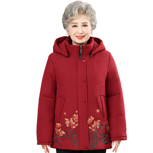 Grandma's winter dress, superstructure, cotton jacket, new middle -aged and elderly women's foreign qi embroidered cotton jacket mothers hooded cotton jacket