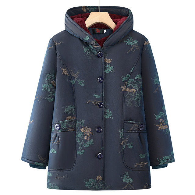 Middle -aged and elderly people in winter cotton clothes female grandma hooded jacket plus velvet thickened mother warm cotton jacket old lady loose