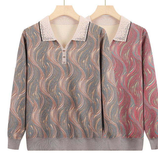 Mom's autumn bottoming shirt, temperament, thin, middle-aged and elderly T-shirt, grandma and wife, spring and autumn long-sleeved lapel for women