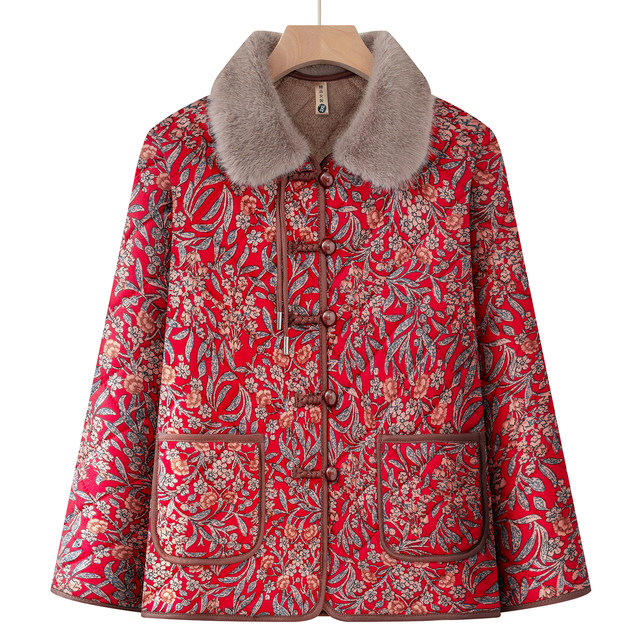 Mom's autumn and winter clothing, light and thin cotton-padded coat, velvet warm cotton coat, middle-aged and elderly women's clothing, grandma lapel cotton-padded jacket