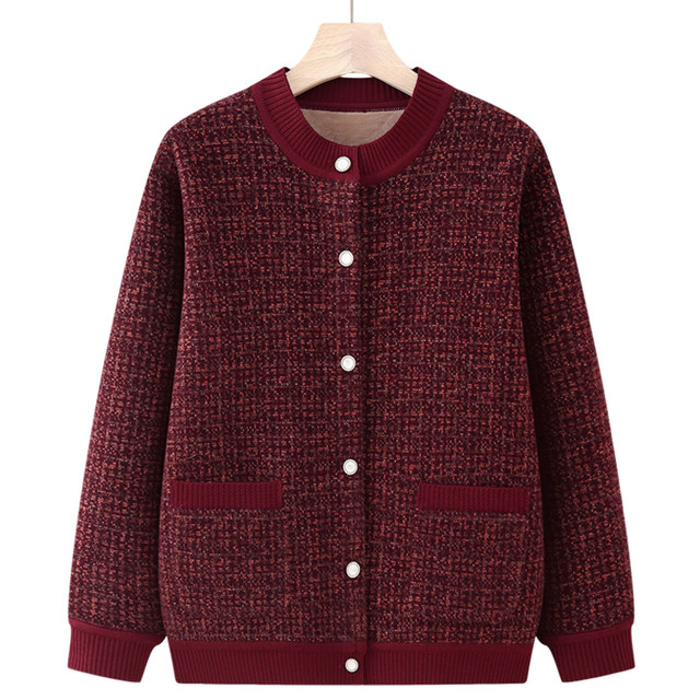 Middle -aged and elderly girls autumn and winter mothers knitted with velvet thickened grandmother jacket jacket Old lady cardigan sweater to keep warm
