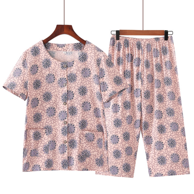 Middle-aged and elderly summer clothing for women short-sleeved mother suits 60-70-80 years old cotton silk grandma clothes for elderly clothes pants
