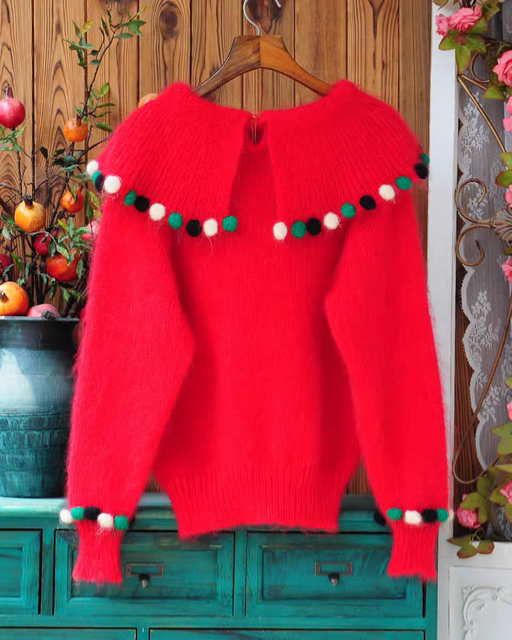 Vitality girl Japanese sweet candy beans lotus leaf collar long mohair women loose red sweater pullover