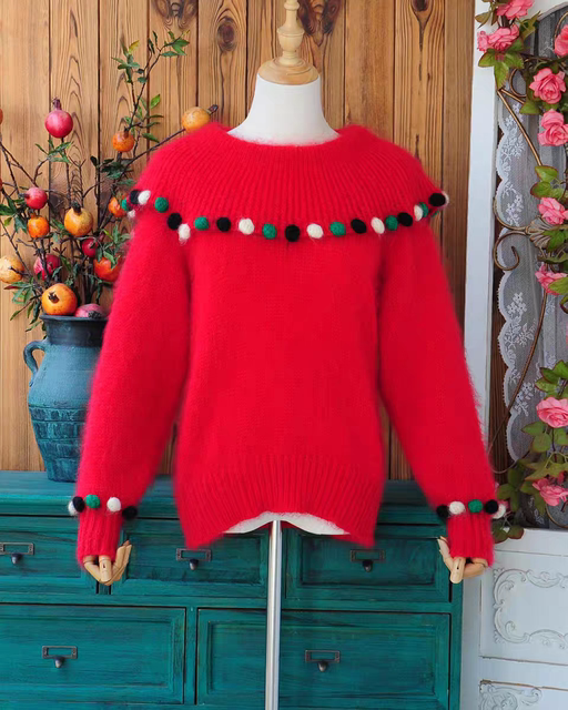Vitality girl Japanese sweet candy beans lotus leaf collar long mohair women loose red sweater pullover