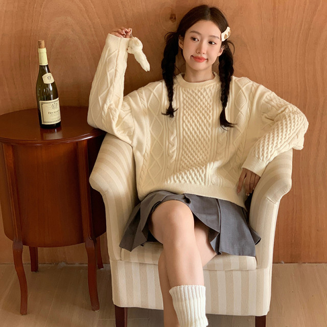 Tokyo 2019 jk lazy style solid color sweet college twist pullover knitted sweater for the inside can be worn outside for spring women