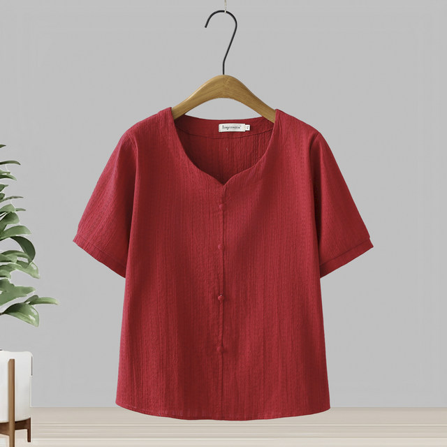 Short-sleeved pullover jacquard cotton shirt for women 2025 summer new style middle-aged and elderly mothers wear loose and fashionable top