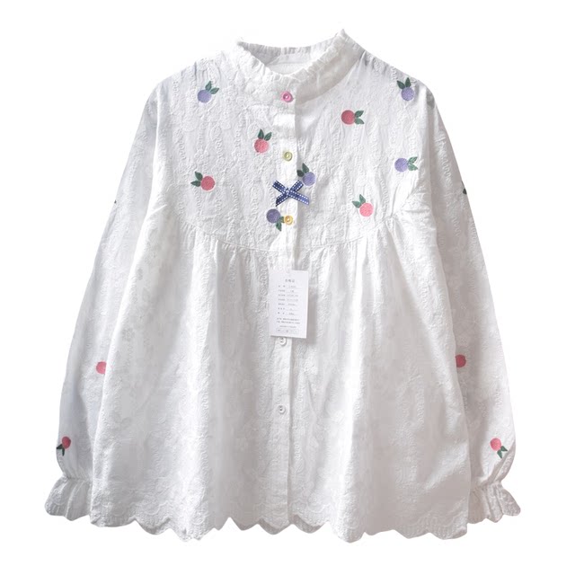 Japanese soft girl cute embroidered three-dimensional bow with wooden ears stand-up collar cotton long-sleeved shirt loose women's top
