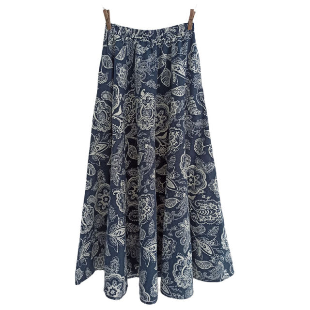 Spring and summer versatile large sling skirt for women 2023 new printed casual cotton and linen long skirt literary skirt spring mid-skirt
