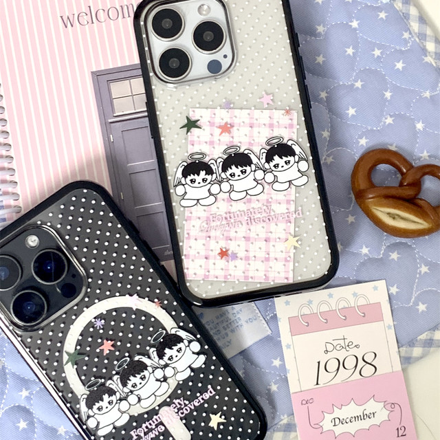 Flower Coconut Designer co-branded original polka dot angel Xiaodi slope case black edge small card mobile phone case suitable for iPhone17Pro/16promax/15/14/13 Ca same case