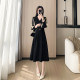 High-end French black dress for women 2025 new long-sleeved temperament waist-hugging A-line skirt spring little black skirt
