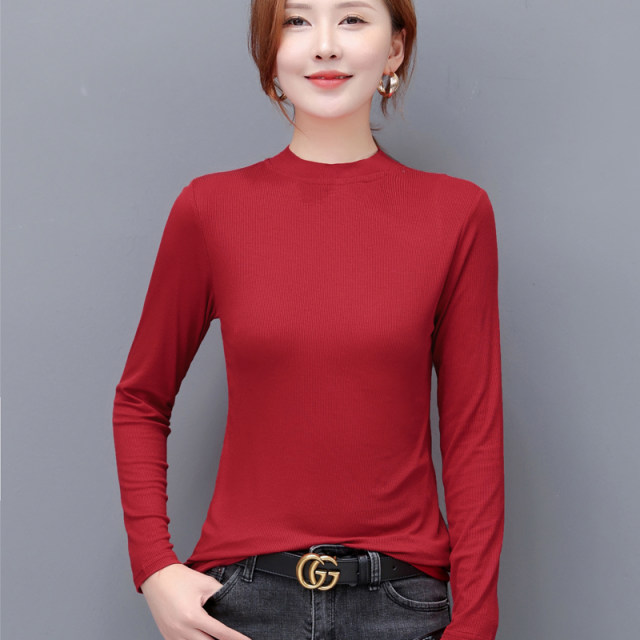 Madier Spring and Autumn Bottom Graphic Girls Long Sleeve Loose Loose Large size, thin, covered with belly T -shirt half -high -necked elastic top
