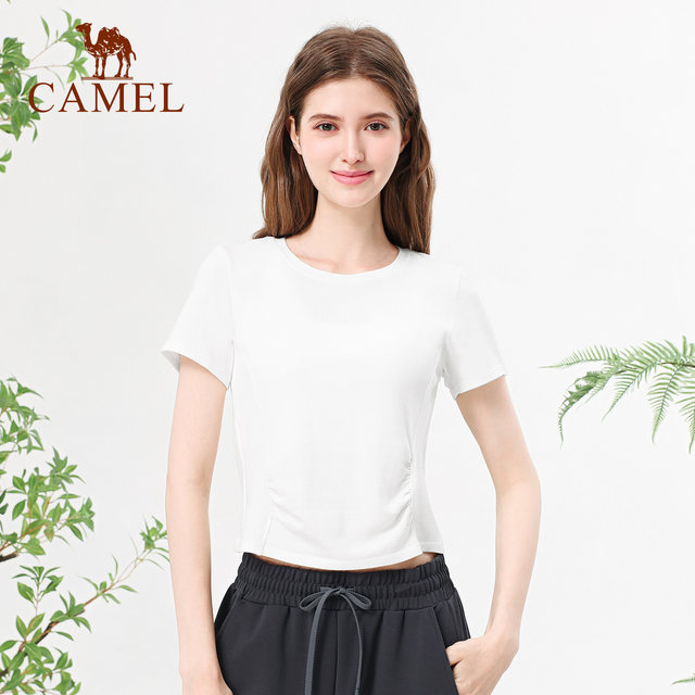 Camel women's short-sleeved T-shirt 2025 summer new style slim sun protection and cool breathable elastic shoulder t-short top
