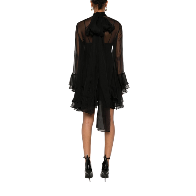 Women's silk long sleeves micro perspective micro perspective ruffled flared sleeve pleated high-end dress spring and summer new products