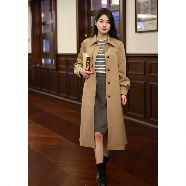 The poem specifically selects broad British retro solid color slimming mid-length versatile trench coat for women's 2025 spring new style