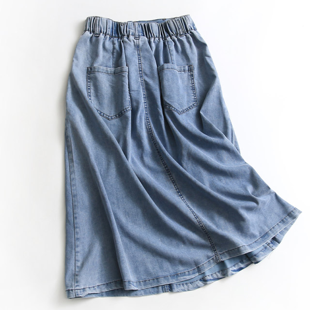 B316 solid color grinding white semi-elastic waist pocket A-line skirt mid-length skirt summer new women's skirt denim skirt skirt skirt