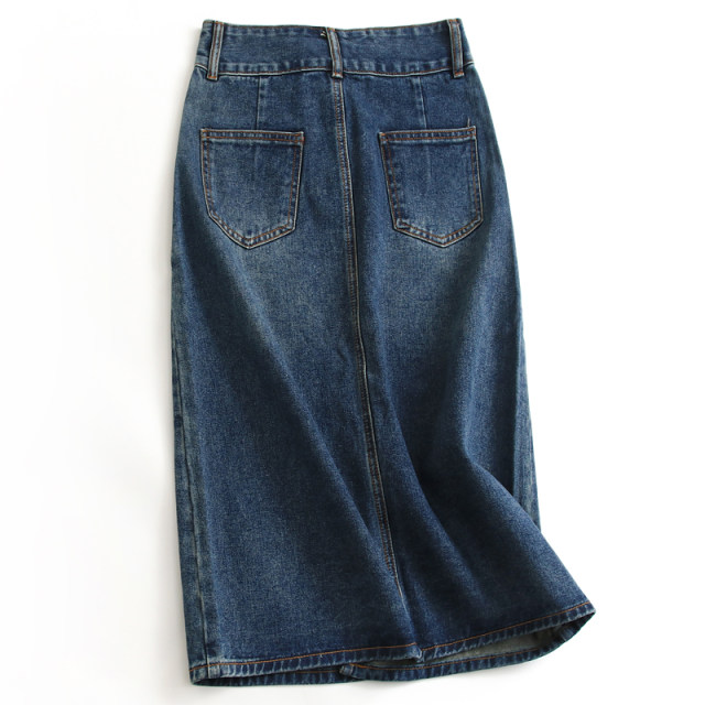 Retro blue high waist two-bar buckle flap pocket front slit hip skirt versatile midi skirt denim skirt K331