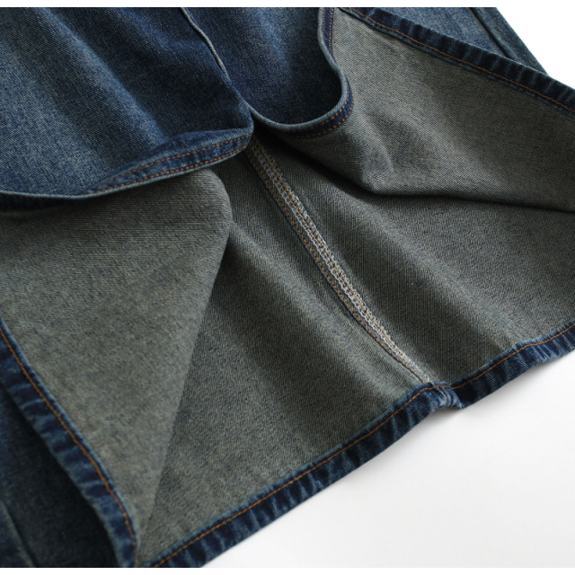 Retro blue high waist two-bar buckle flap pocket front slit hip skirt versatile midi skirt denim skirt K331