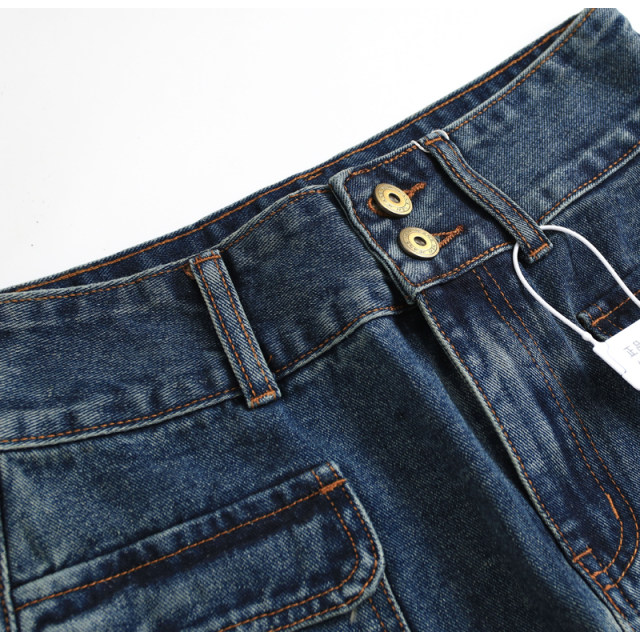 Retro blue high waist two-bar buckle flap pocket front slit hip skirt versatile midi skirt denim skirt K331