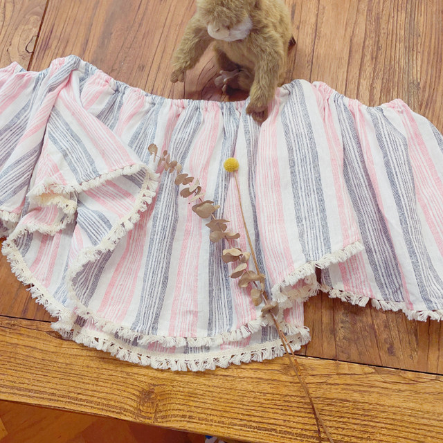 Rom2 sweet one-length off-shoulder style retro tassel gentle style pink vertical stripes flared sleeve doll shirt