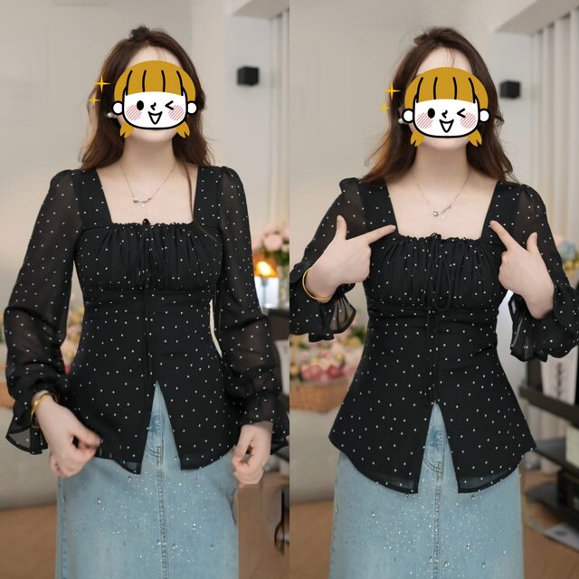 Large size fat mm long-sleeved shirt for women for women's spring new design lace-up waist slimming square collar black polka dot top
