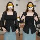Large size fat mm long-sleeved shirt for women for women's spring new design lace-up waist slimming square collar black polka dot top
