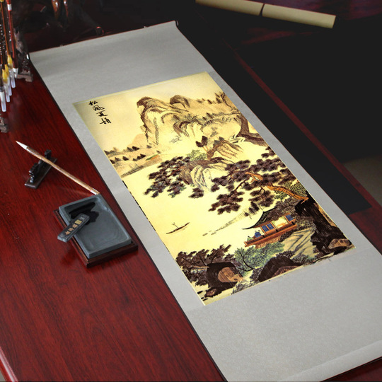 唐伯虎山水画卷轴-春夏秋冬出国礼品-古代名画唐寅真迹包邮