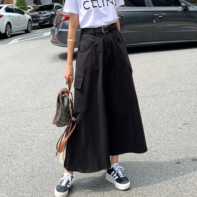 2025 summer new large-size skirt workwear multi-pocket a-line skirt mid-length high-waisted slim big hem skirt