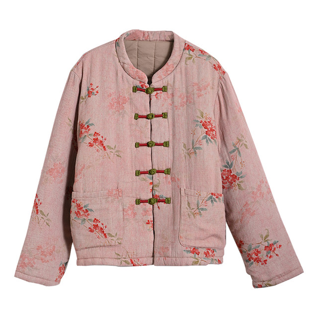 Chinese style printed tied thread clamped cotton warm cotton jacket with artistic retro stand collar improved winter cotton jacket