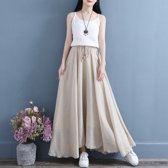 Spring and summer cotton, linen, elegant loose large size A -line large skirt women's skirt literary retro new fairy middle long skirt