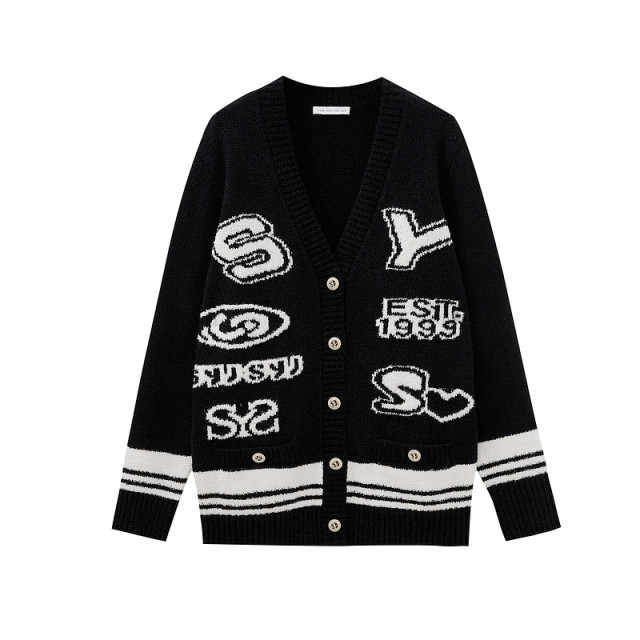 Shuiyunjian black v-neck knitted cardigan jacket for women with layered thick sweaters loose and can be worn outside design sense 2025 spring
