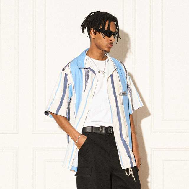 EMPTY REFERENCE American Retro Original Art Striped Short Sleeve Shirt Loose Shirt
