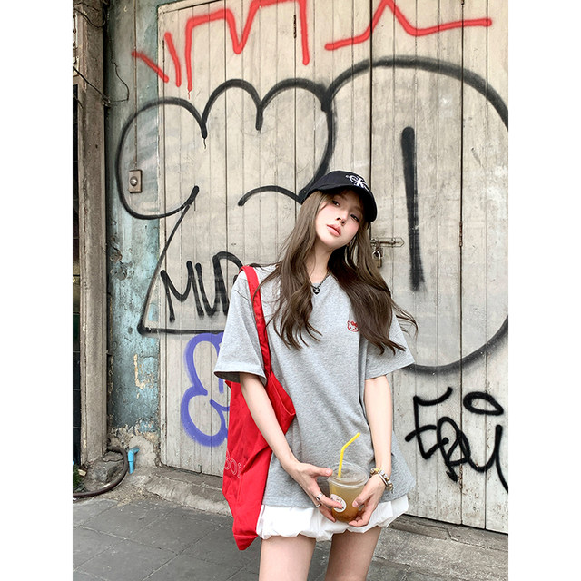 Ashy Snow kt head back printed embroidered loose short-sleeved T-shirt spring and summer white gray versatile lazy