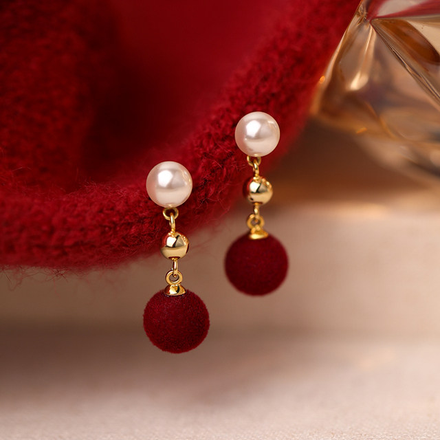 999 silver -red velvet ball pearl earrings This year's fate 2025 Snake New Year earrings New Year earrings
