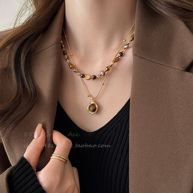 Retro tiger eye stone natural stone beaded necklace set for women new light luxury fashion clavicle chain temperament sweater chain